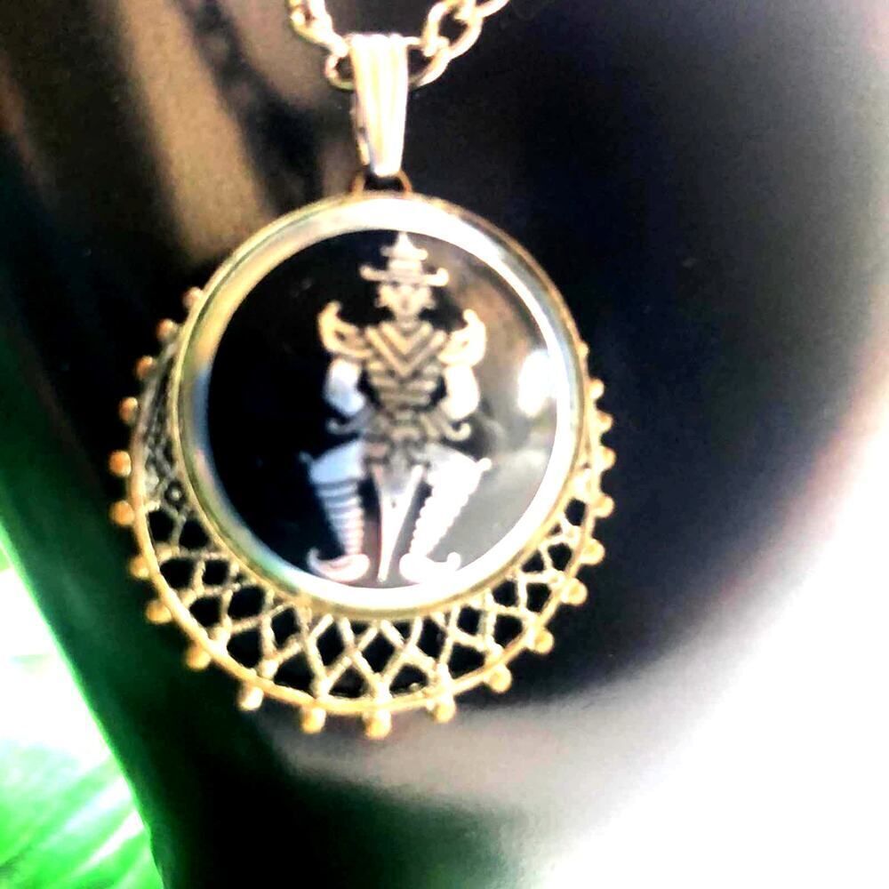Beautiful Siam warrior holding sword pendant w/Enamel edges N filigree, Vintage